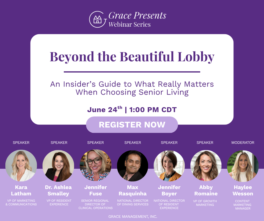Event banner for Grace Presents Webinar Series: 'Beyond the Beautiful Lobby'; June 24, 1:00 PM CDT; Register Now button; includes headshots of seven speakers with titles.